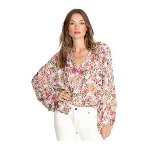 Johnny Was Women's Isla Button Down Shirt Pink Floral Statement Sleeves Medium